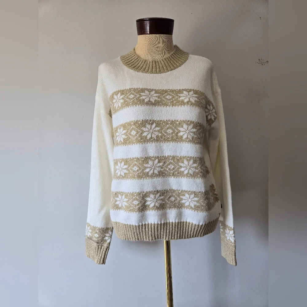 TOMMY HILFIGER Cream & Gold Snowflake Knit Sweater. Size Small - Picture 1 of 11
